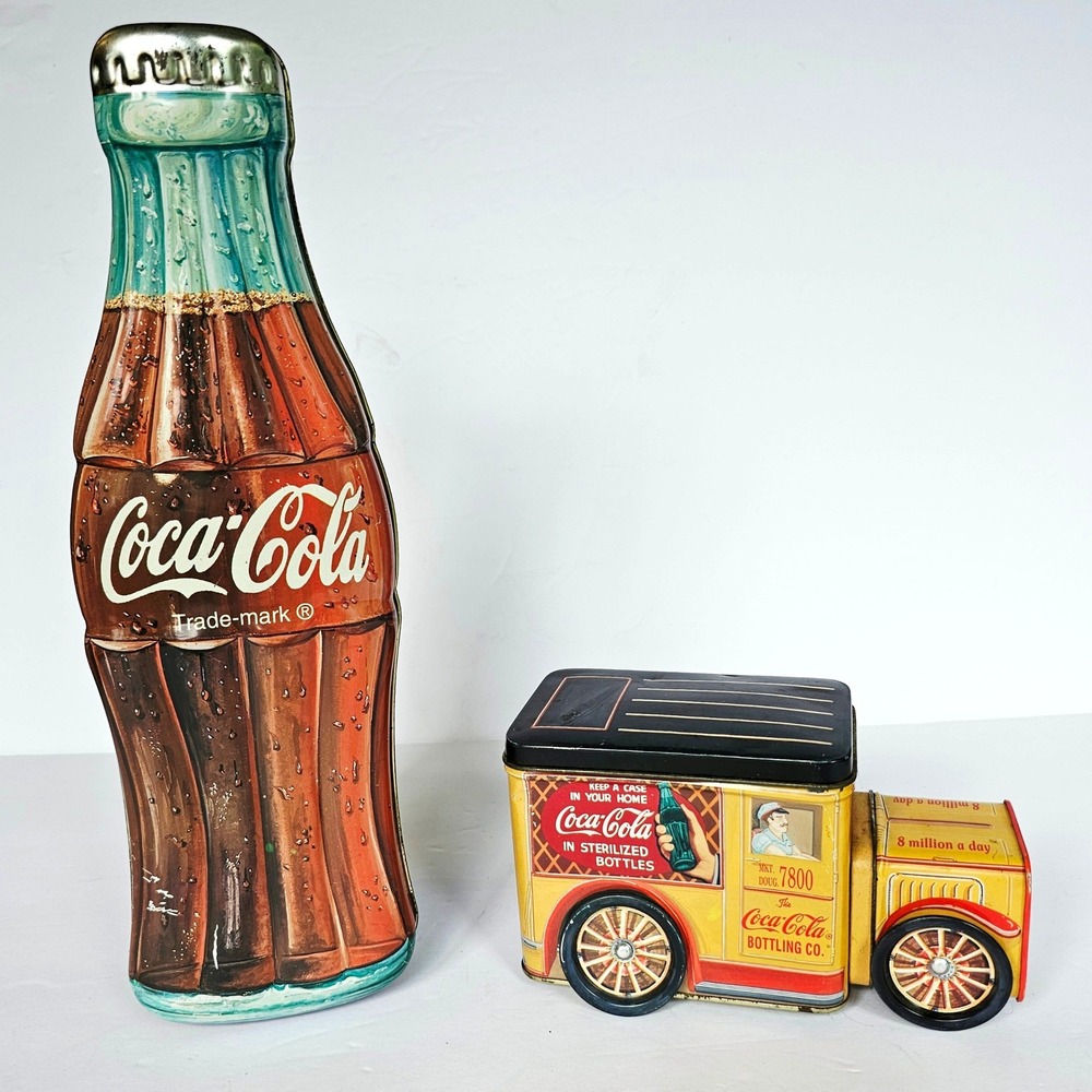 1990s Coca-Cola Collectible Tin Set 13" Bottle and Delivery Truck Retro Decor